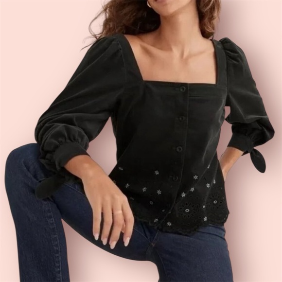 Madewell Embroidered Eyelet Corduroy Tie-Sleeve Top in Green - Picture 5 of 5